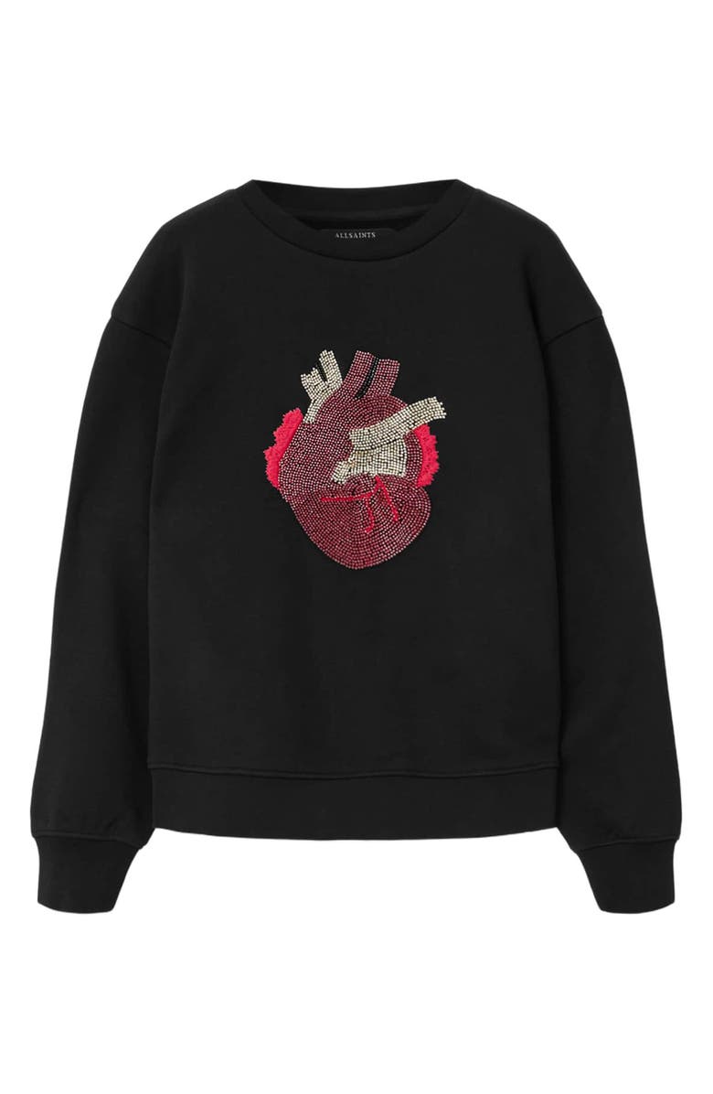 AllSaints Andrea Pippa Embellished Beaded Heart Sweatshirt, Alternate, color, Black