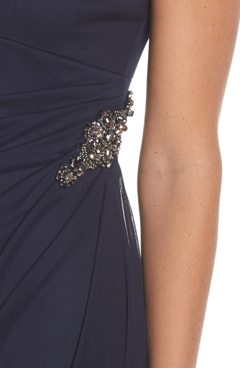 Alex Evenings Embellished Cold Shoulder Column Evening Gown, Alternate, color, Navy