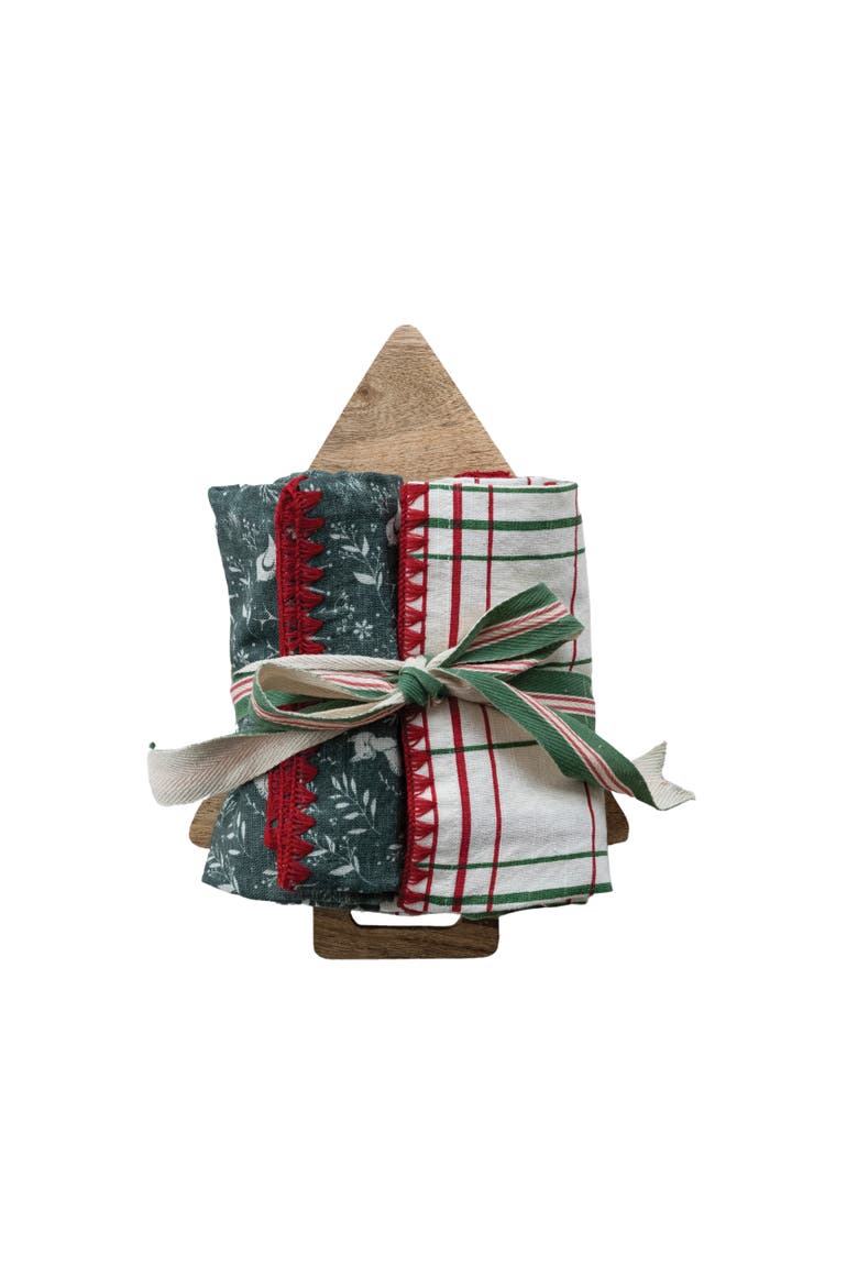 Artisan Cotton Tea Towels & Mango Wood Tree Board, Set of 3 Towels, Main, color, Multicolor