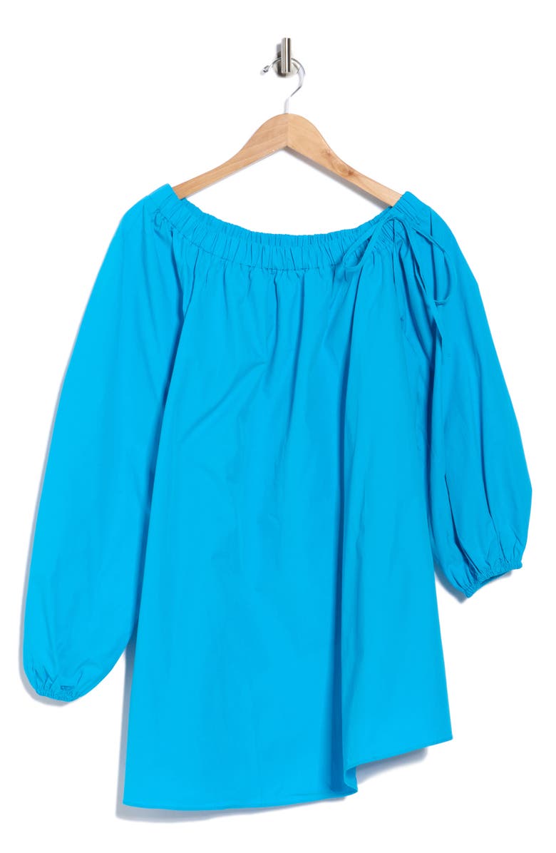Topshop One-Shoulder Long Sleeve Trapeze Cotton Poplin Minidress, Alternate, color, Turquoise