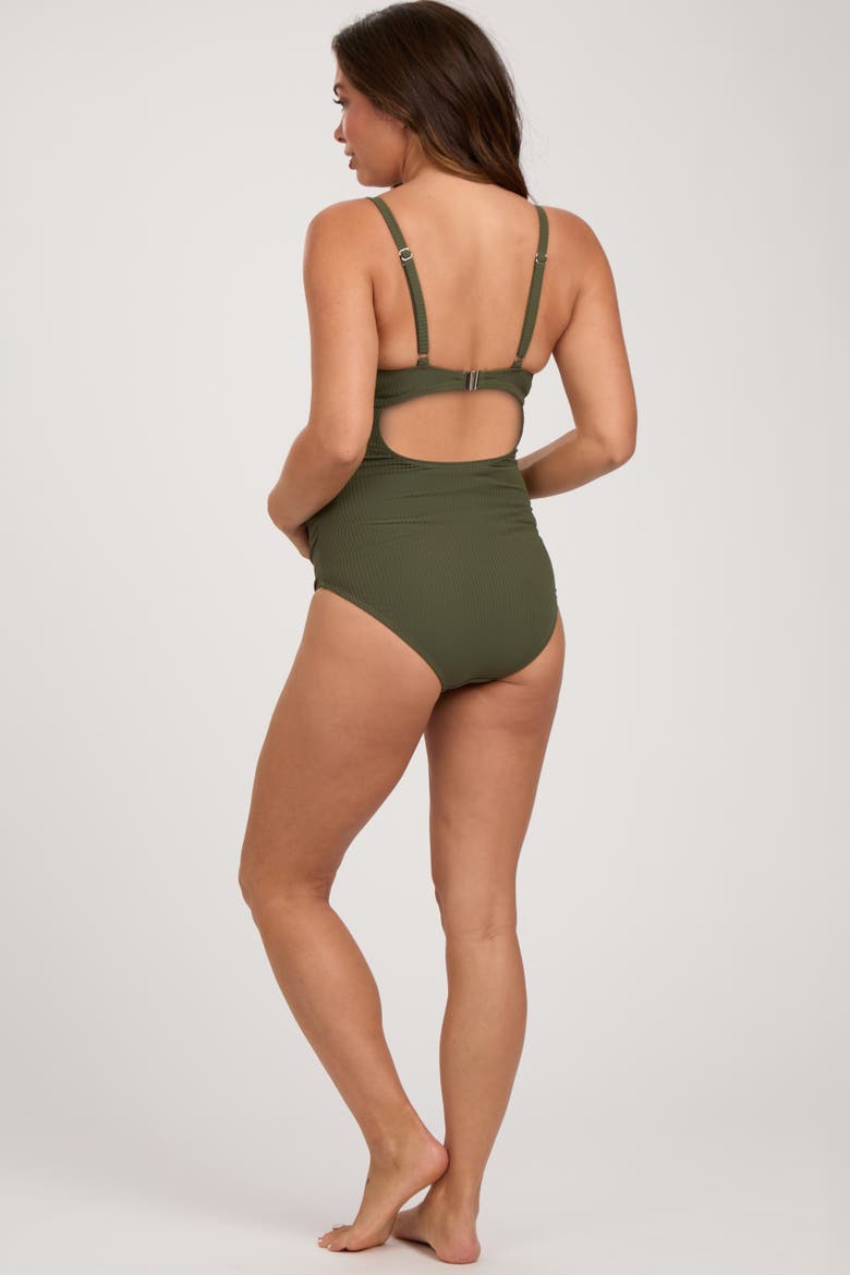 Ribbed V-Neck Ruched Back Cut-Out One Piece Swimsuit, Alternate, color, Olive Green