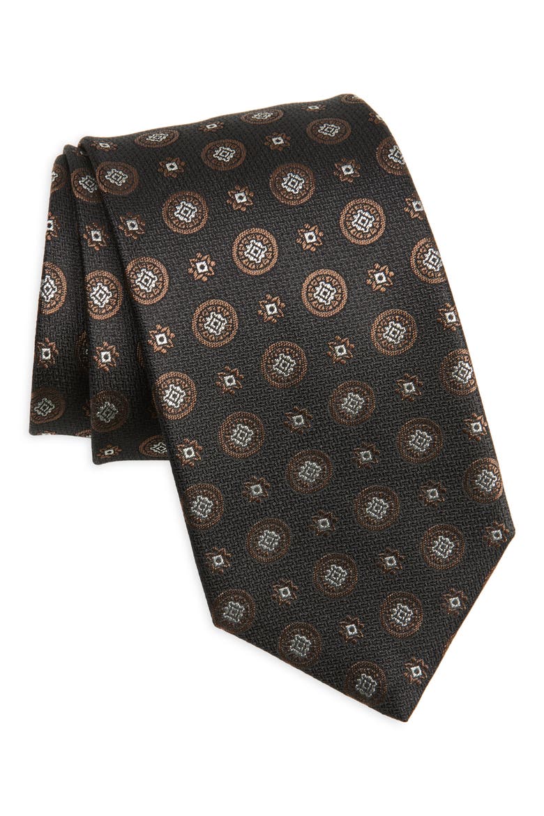 Medallion Silk Tie, Main, color, DARK BROWN
