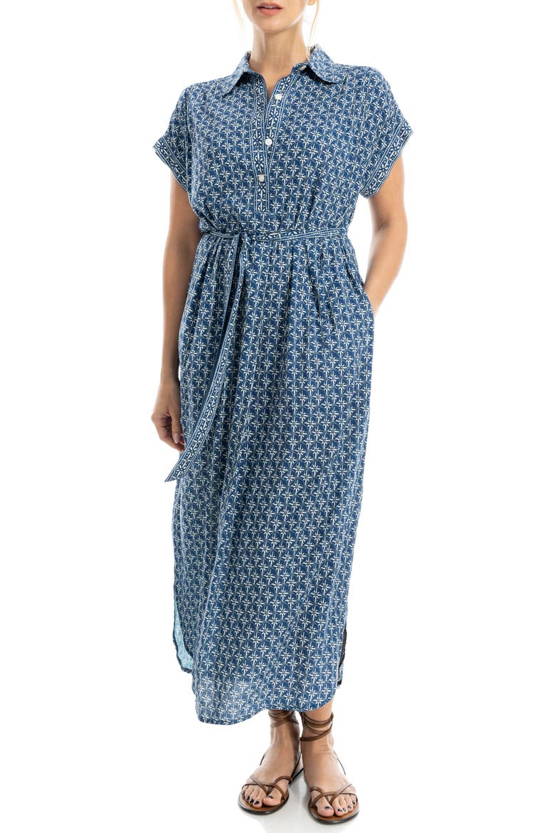 Short Sleeve Tie Waist Shirtdress, Alternate, color, NAVY/ CREAM