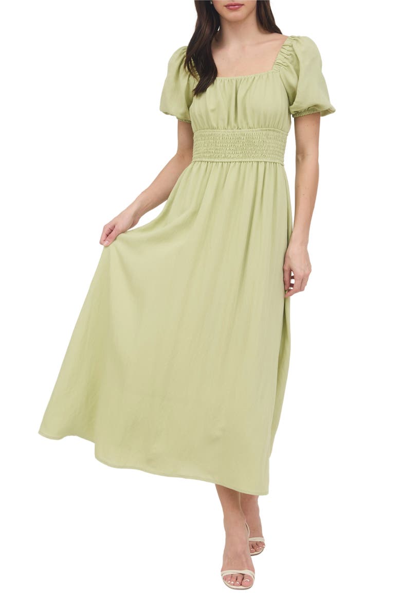 Puff Sleeve Midi Dress, Alternate, color, LIGHT KIWI
