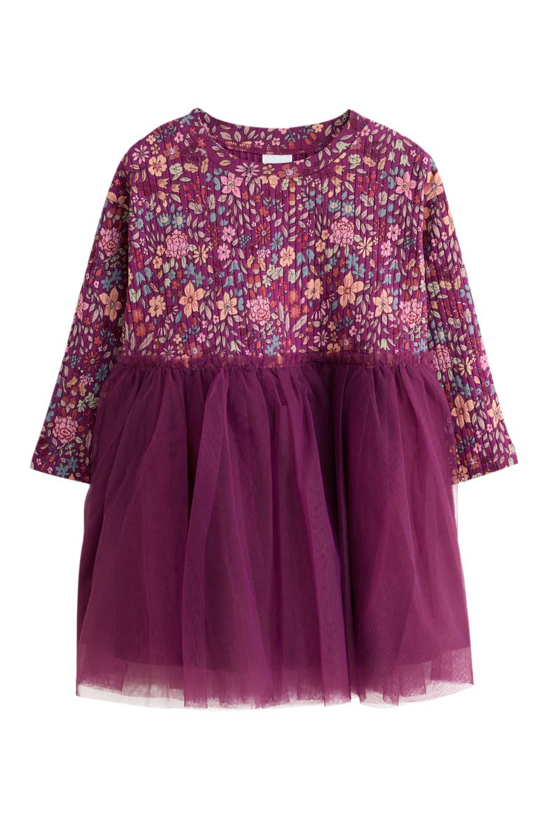 Kids' Ditsy Pleated Floral Mixed Media Mesh Dress, Main, color, RED