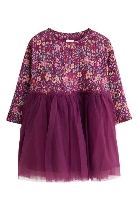 Kids' Ditsy Pleated Floral Mixed Media Mesh Dress
