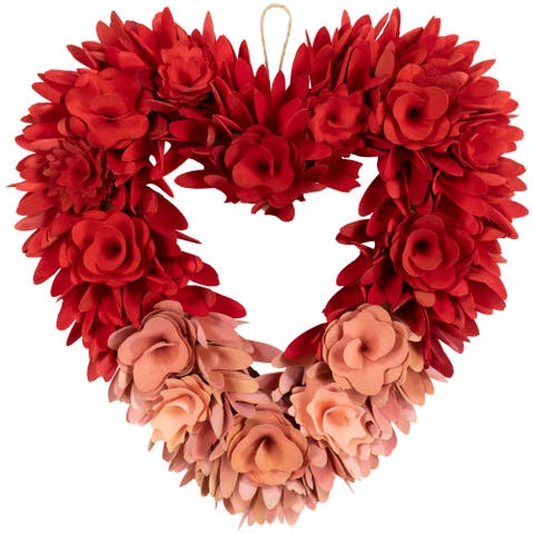Wooden Rose Artificial Valentine's Day Floral Wreath - 14" - Red and Pink