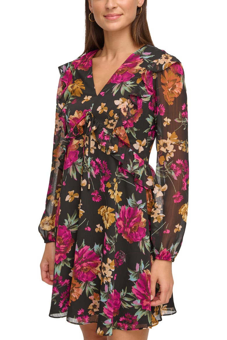 V-Neck Long Sleeve Floral Chiffon Shift Dress, Alternate, color, PINK/BLACK MULTI