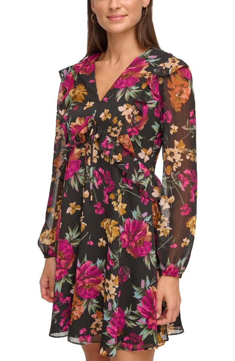 Kensie V-Neck Long Sleeve Floral Chiffon Shift Dress, Alternate, color,