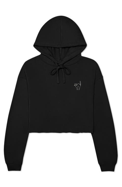 Black Cat Cropped Fleece Hoodie