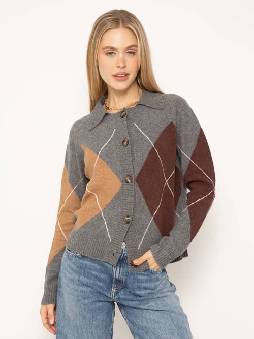 Central Park West Roman Argyle Sweater Cardigan In Gray/brown/tan In Charcoal