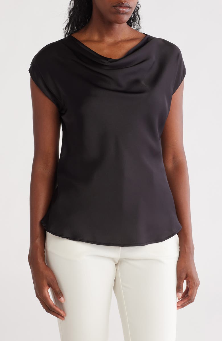 Renee C Cowl Neck Cap Sleeve Satin Top, Main, color, Black