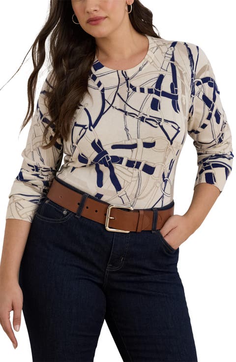 Belting Print Crewneck Sweater (Plus)