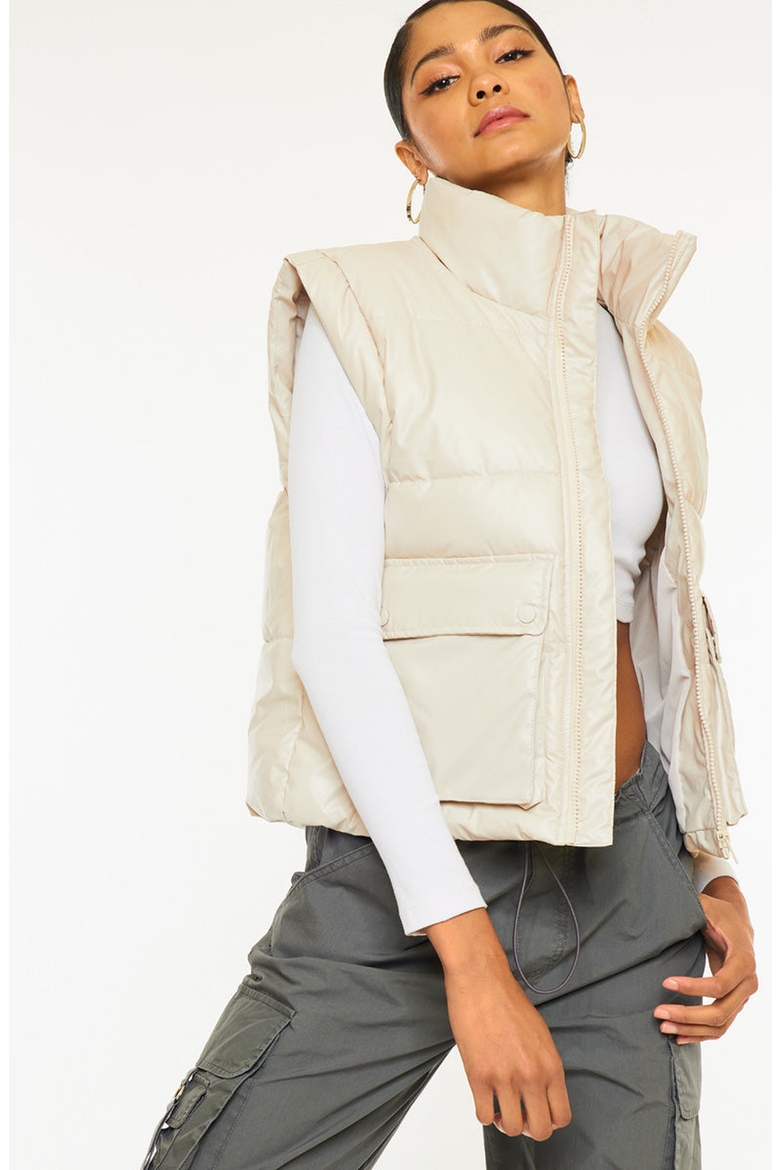 Frida Cropped Faux Leather Puffer Vest, Alternate, color, Cream