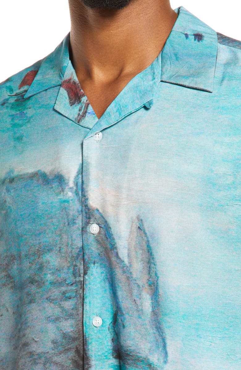 Topman Monet Boat Print Short Sleeve Button-Up Shirt, Alternate, color, 