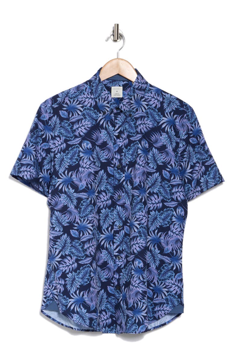 CONSTRUCT Tropical Short Sleeve Stretch Button-Down Shirt, Alternate, color, Navy