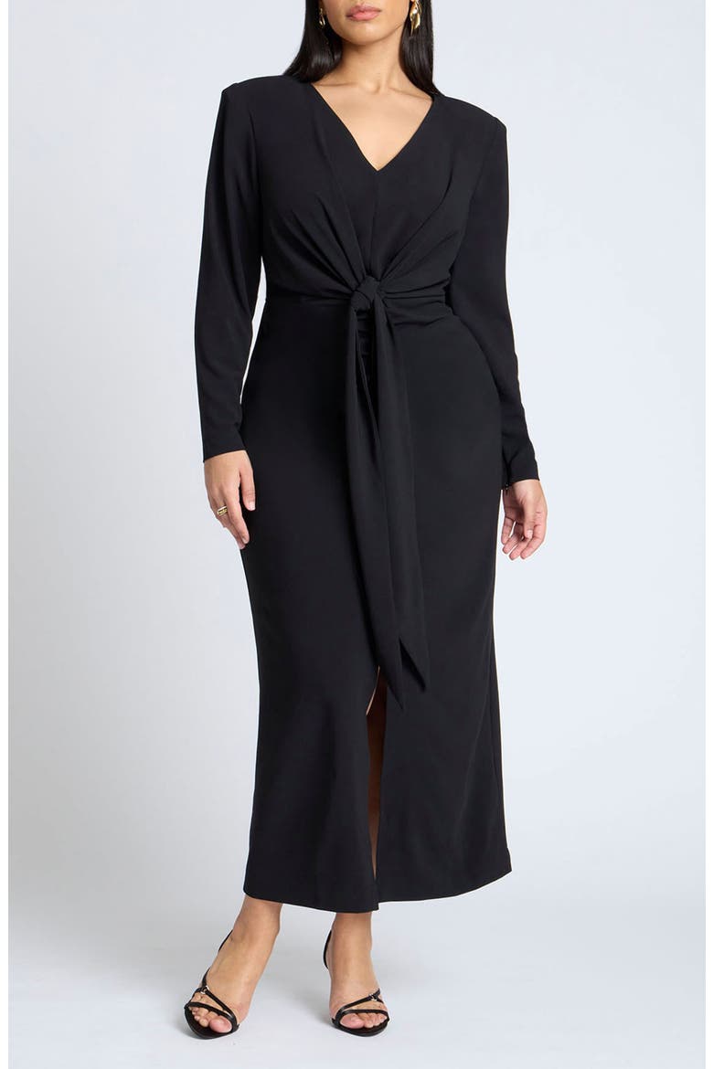 Shirred Strong Shoulder Tie Detail Dress, Main, color, BLACK ONYX