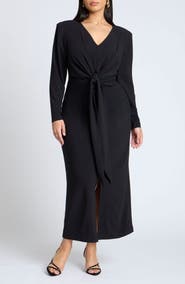 ELOQUII Shirred Strong Shoulder Tie Detail Dress