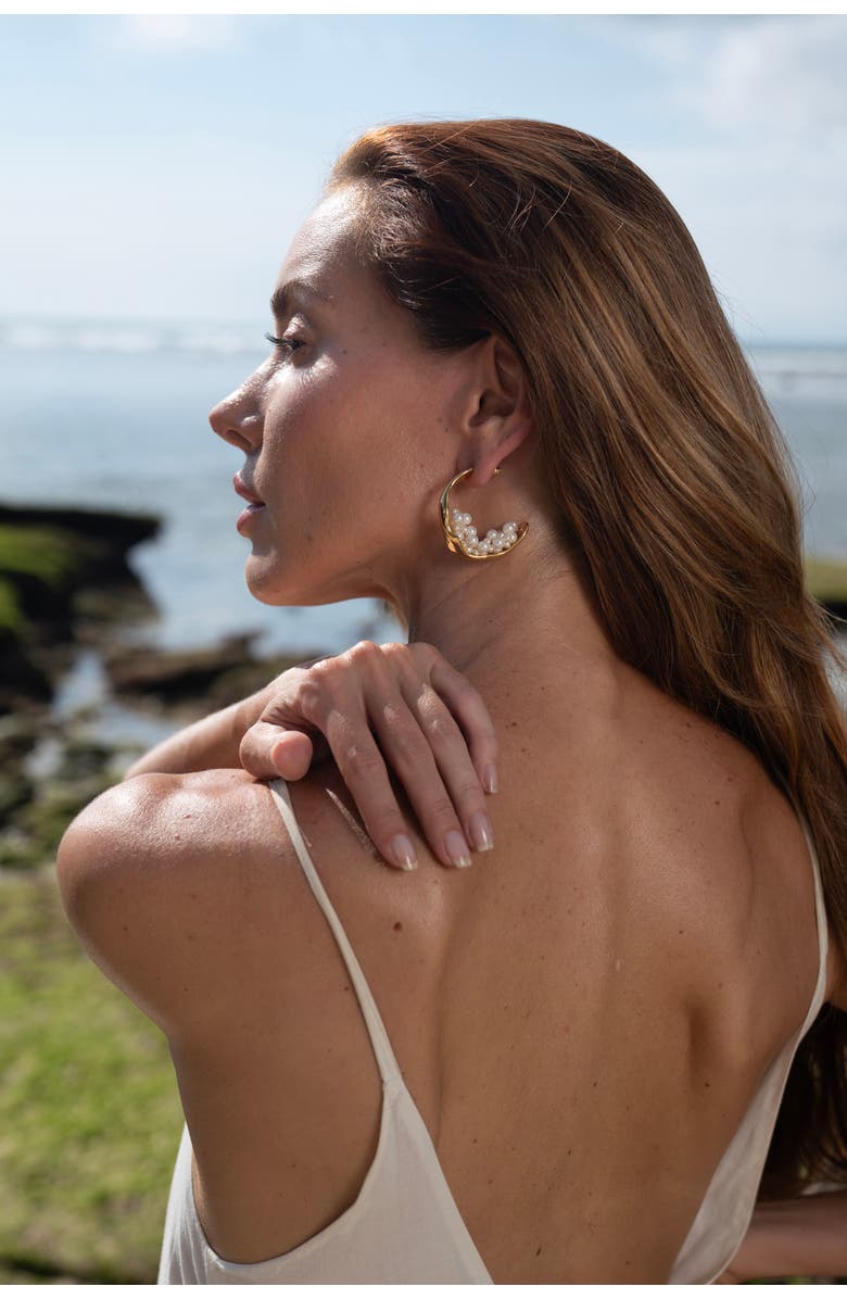 Classicharms Naomi Shell Pearl Cluster Molten Hoop Statement Earrings, Alternate, color, Gold