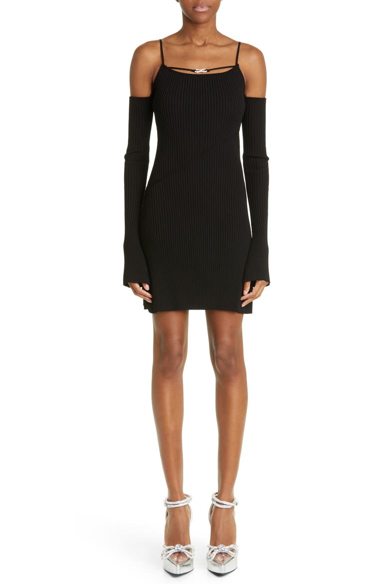 Crystal Bow Ribbed Cold Shoulder Long Sleeve Mini Sweater Dress, Main, color, BLACK