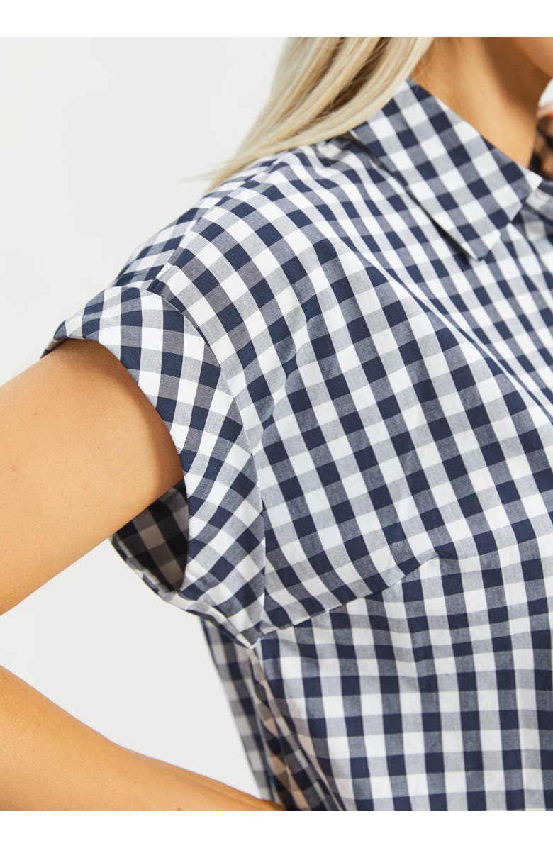 Betabrand Cap Sleeve Gingham Shirt, Alternate, color, Navy