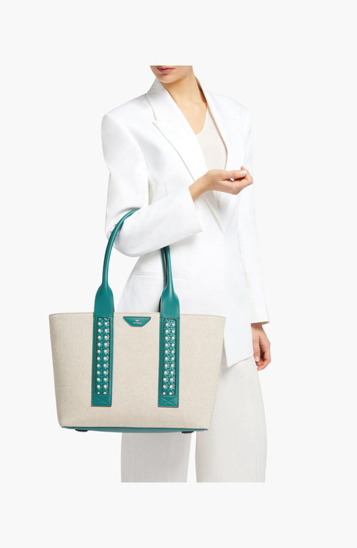 Aviteur Intreccio Weave Canvas Leather Handle Tote In Blue