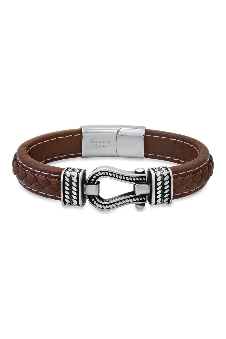 Men's Braided Leather Bracelet, Main, color, SILVER/ BROWN