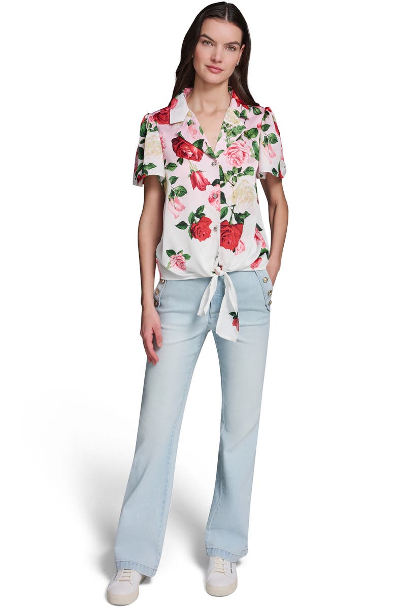 KARL LAGERFELD PARIS Rose Tie Front Button-Up Shirt, Alternate, color, Cornelia Rose/ Sft Wht Multi