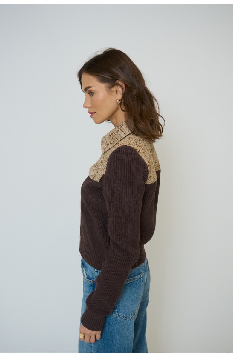 Central Park West Women's Halsey Tweed And Sweater Jacket, Alternate, color, Chocolate