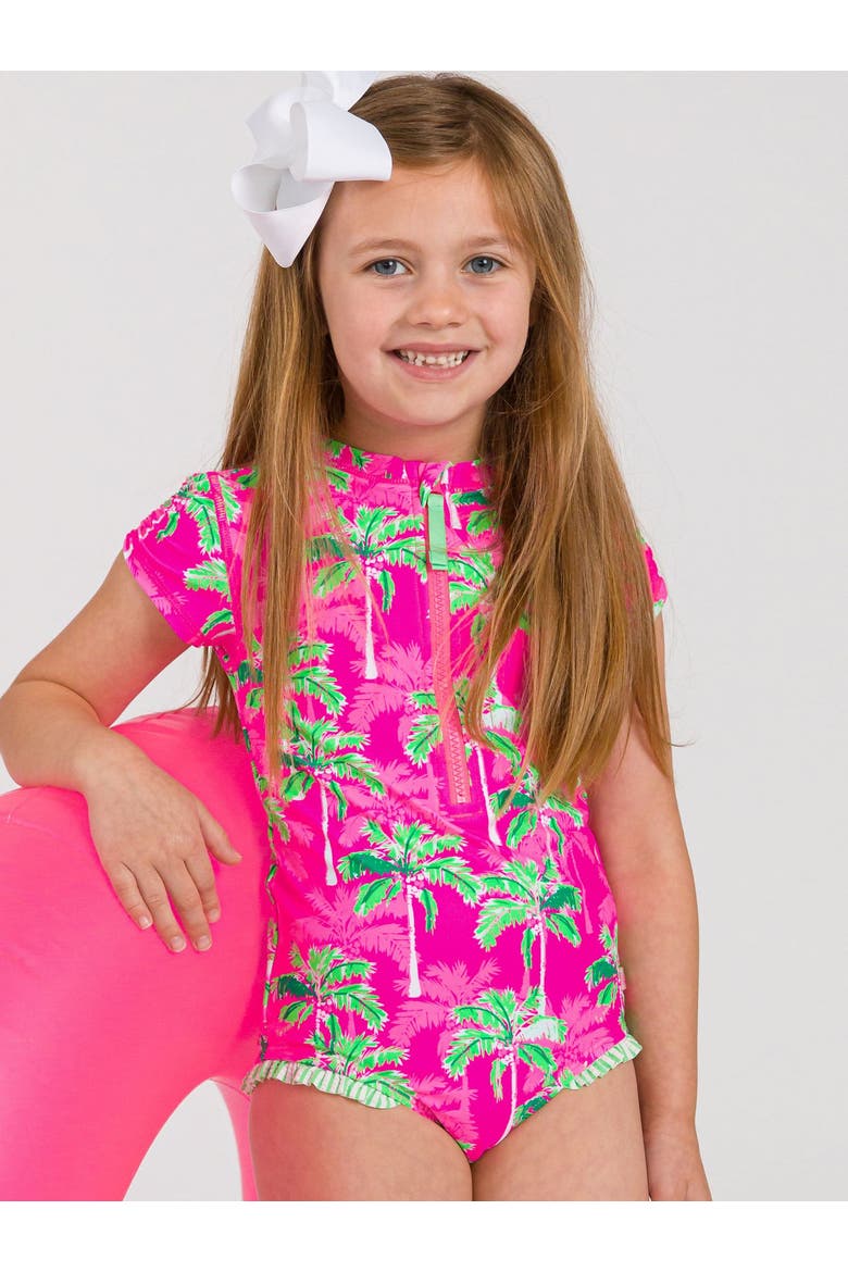 Girls Short Sleeve UPF50+ One Piece Rash Guard, Alternate, color, Neon Palm Paradise