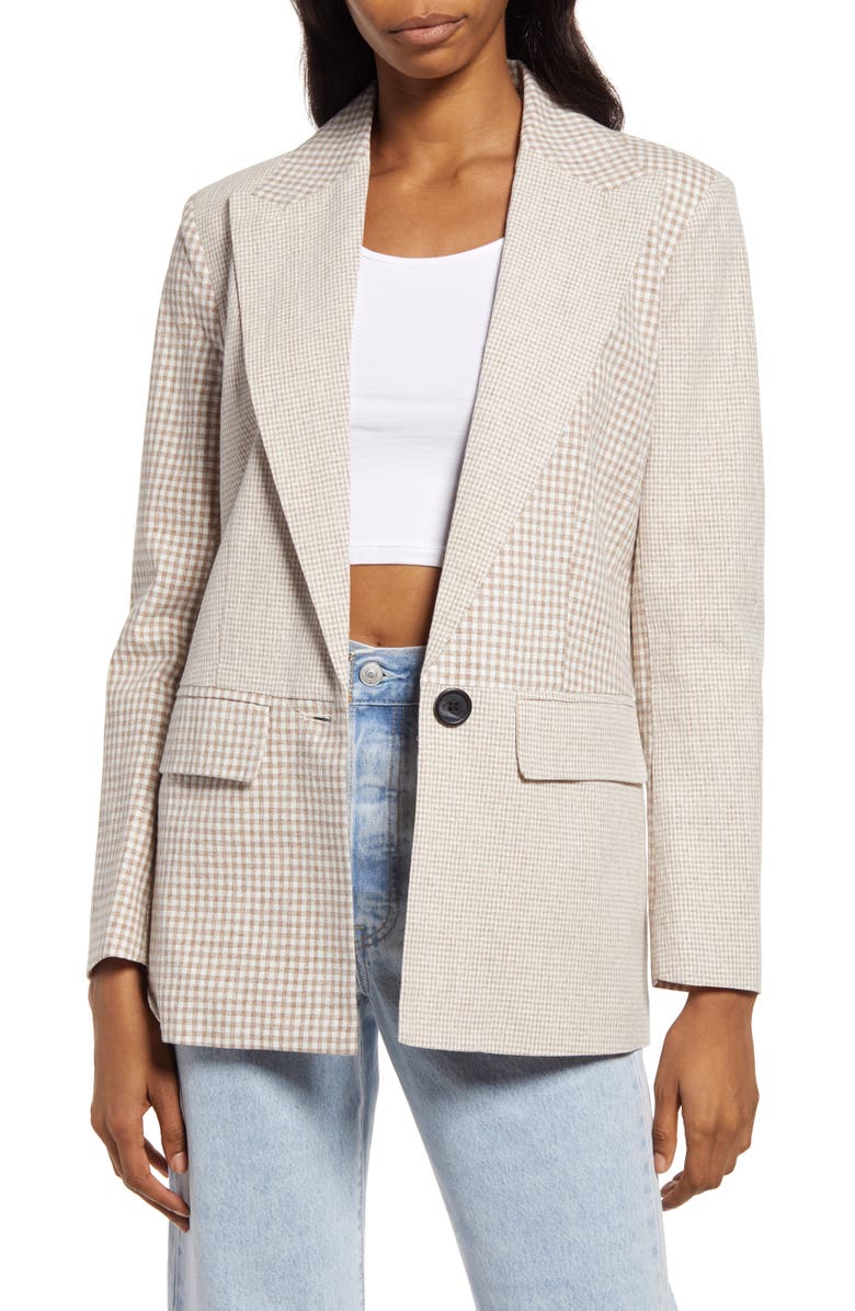 Avec Les Filles Women's Mix Check Relaxed Fit Cotton & Linen Blazer, Main, color,