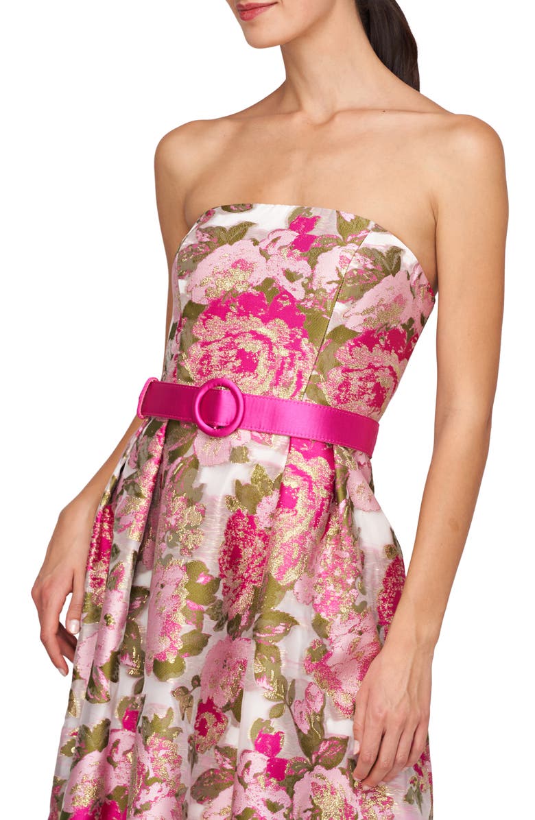 Kay Unger Bella Floral Jacquard Metallic Belted High-Low Gown, Alternate, color, Wild Raspberry