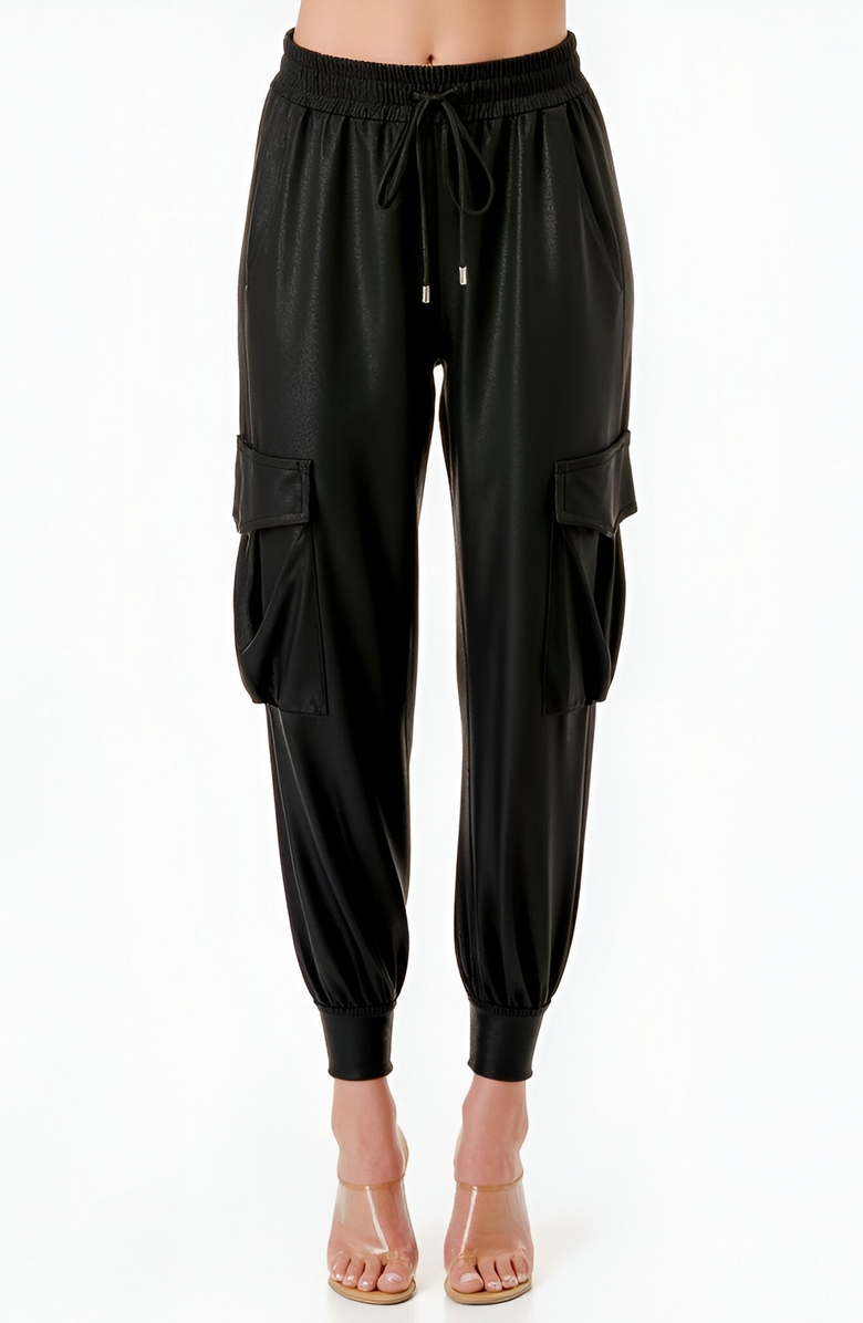 Modenaire Faux Leather Cargo Drawstring Jogger Pants, Main, color, 