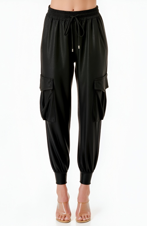 Modenaire Faux Leather Cargo Drawstring Jogger Pants In Black