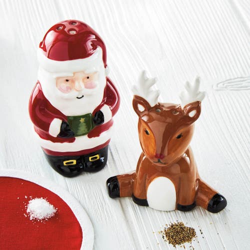 Tag Santa And Reindeer Ceramic Salt And Pepper Shakers In Multi