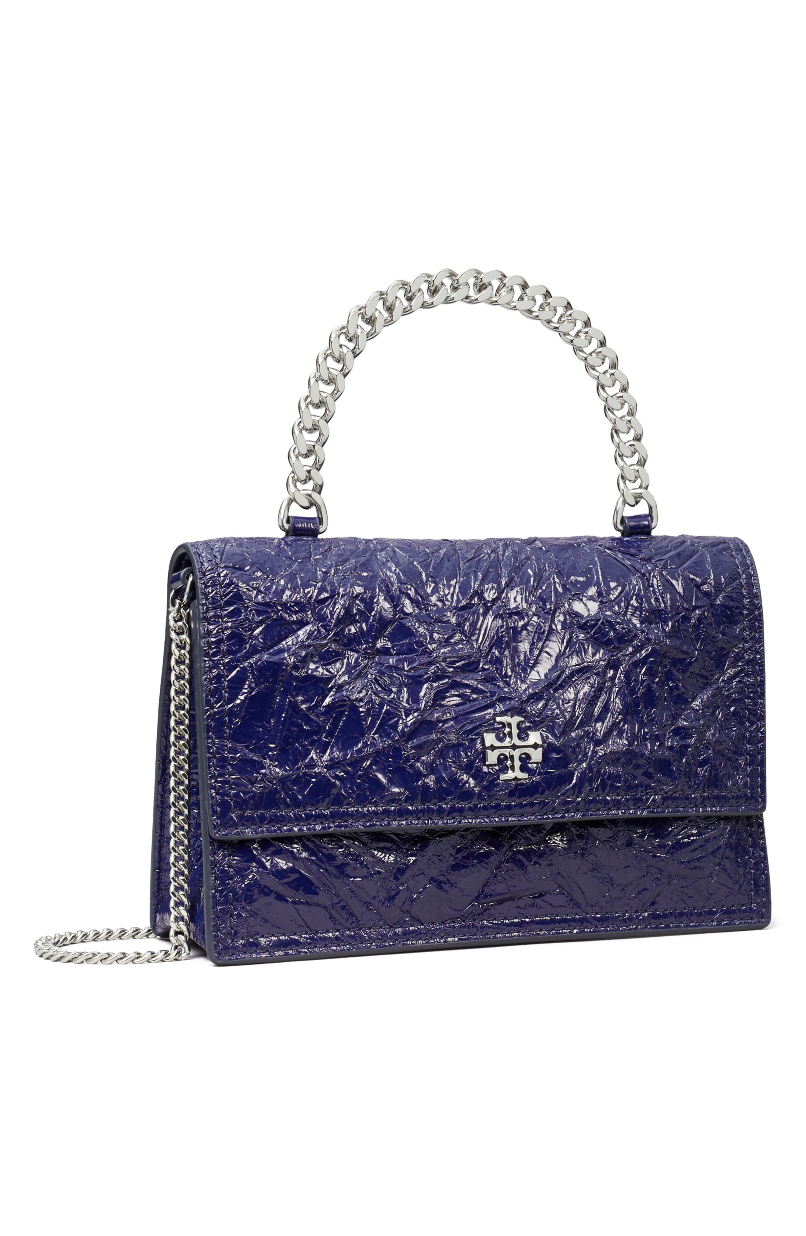 Tory Burch Kira Distressed Mini Top Handle Wallet on a Chain, Alternate, color, Ballpoint Blue