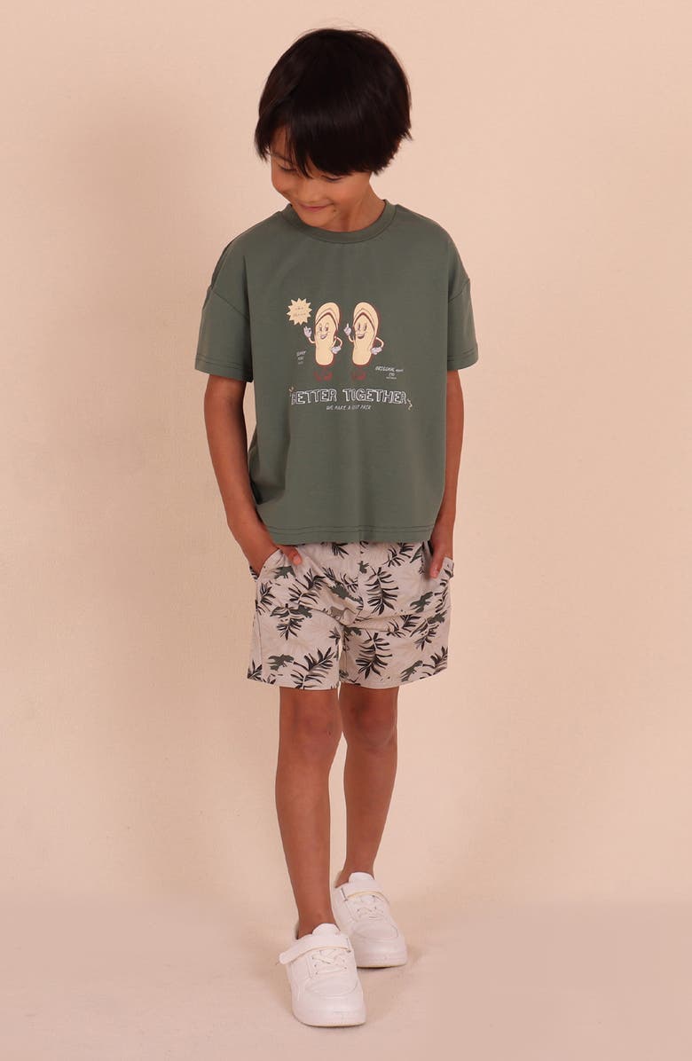 TINY TRIBE Kids' Dino Park Stretch Cotton Shorts, Alternate, color, Multi Beige