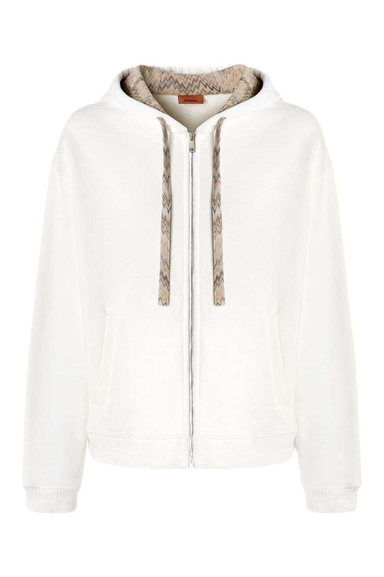 Cotton Fleece Cardigan With Zigzag Insert And Hood, Alternate, color, White