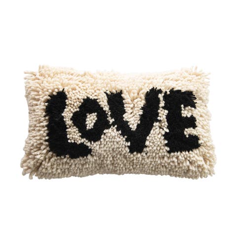 Woven Wool Shag Lumbar Pillow with "Love" Design, Black and Cream