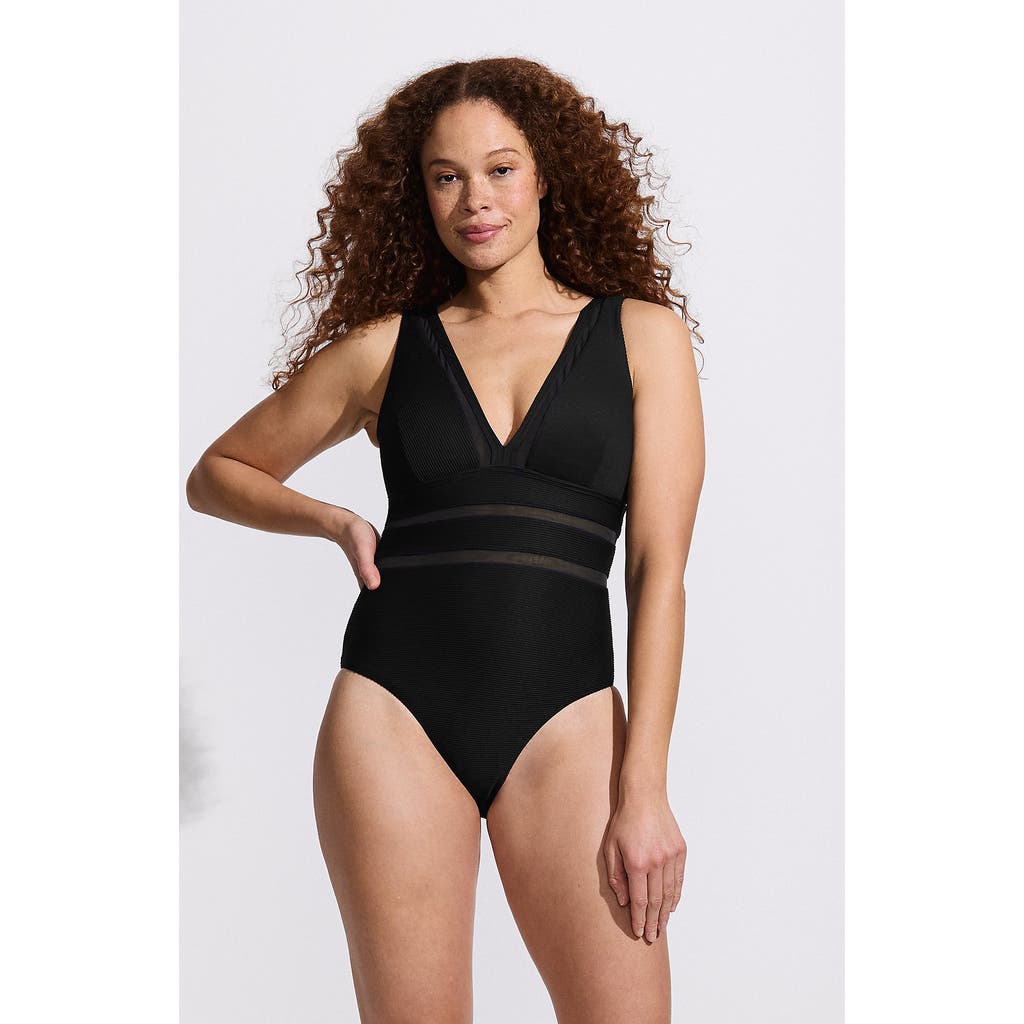 Lands' End Mesh Plunge High Leg One Piece Swimsuit In Black Ottoman