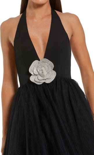 Jersey Halter Ballgown With Tulle Skirt & Flower