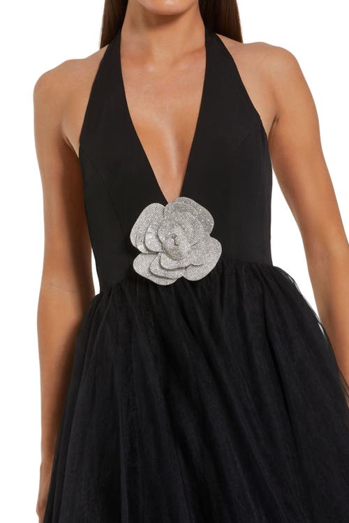 Mac Duggal Jersey Halter Ballgown With Tulle Skirt & Flower In Gold
