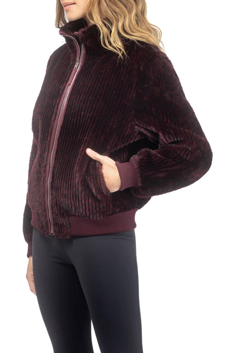 Reversible Grooved Genuine Shearling Insignia Bomber Jacket, Alternate, color, Burgundy/Black