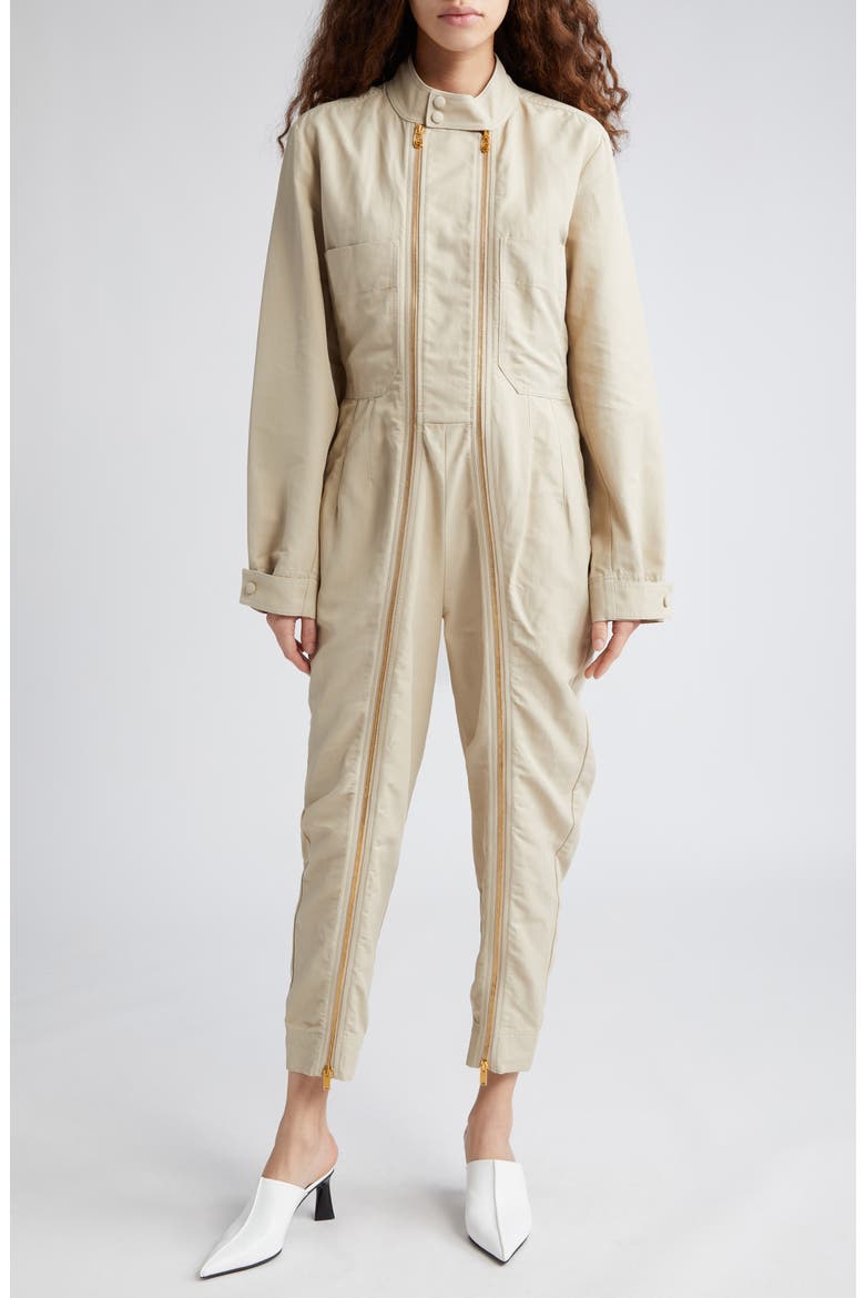 Twin Zipper Long Sleeve Twill Jumpsuit, Main, color, 9700 - DESERT BEIGE