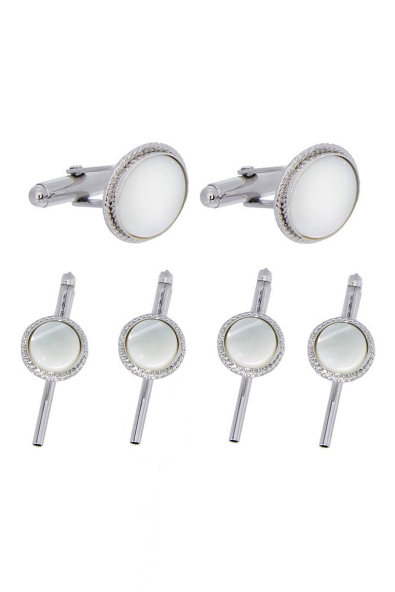 Mother-of-Pearl Cuff Link & Stud Set, Main, color, SILVER