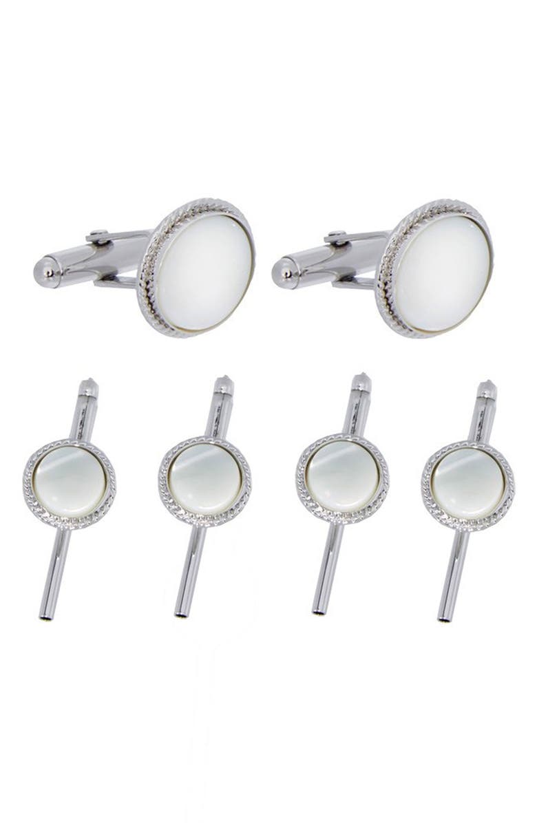David Donahue Mother-of-Pearl Cuff Link & Stud Set, Main, color, Silver