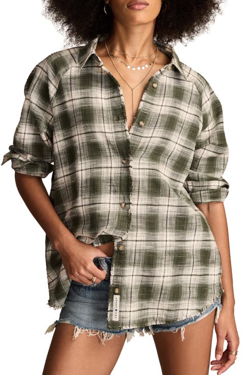 Frayed Plaid Button-Up Tunic Shirt
