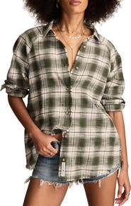 Lucky Brand Frayed Plaid Button-Up Tunic Shirt