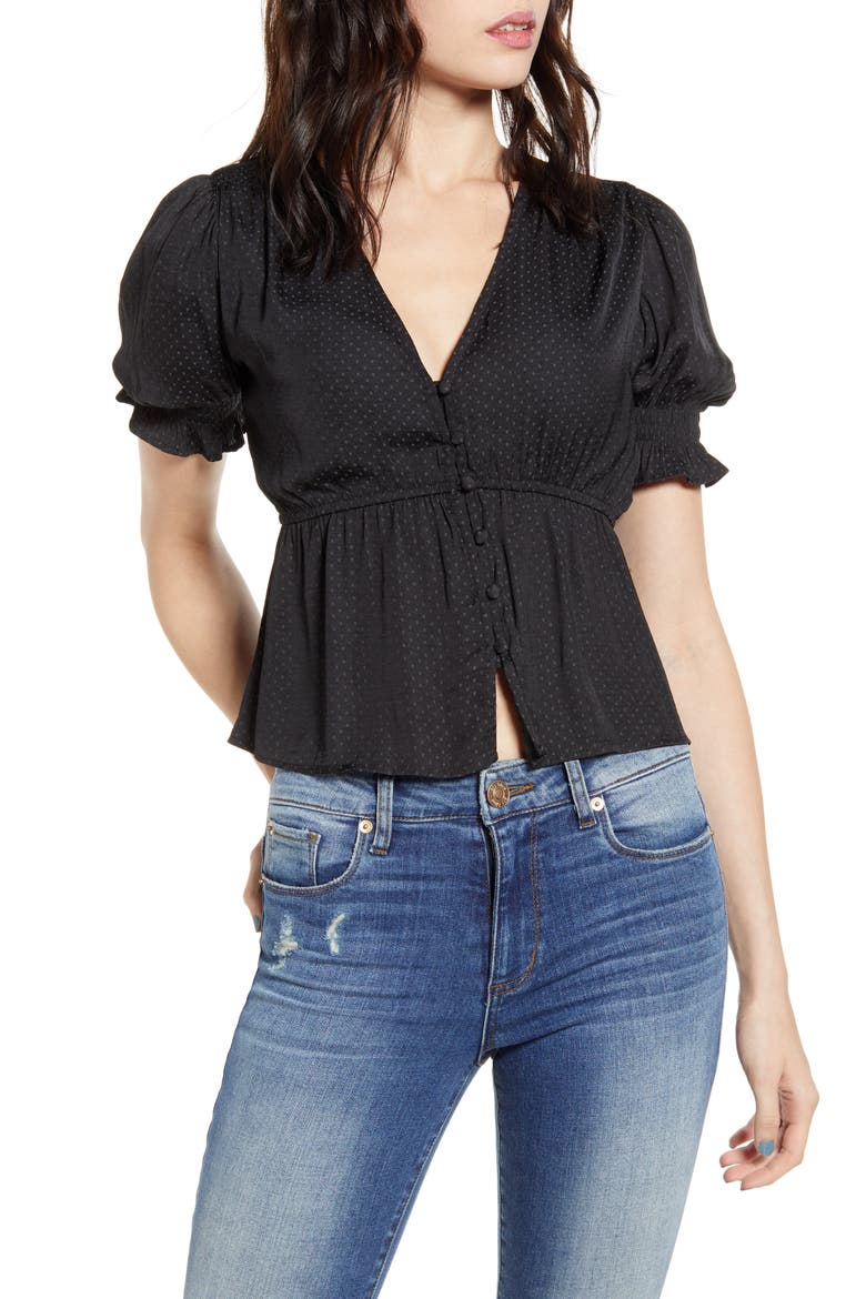 Shirred Sleeve Jacquard Dot Top, Main, color, BLACK