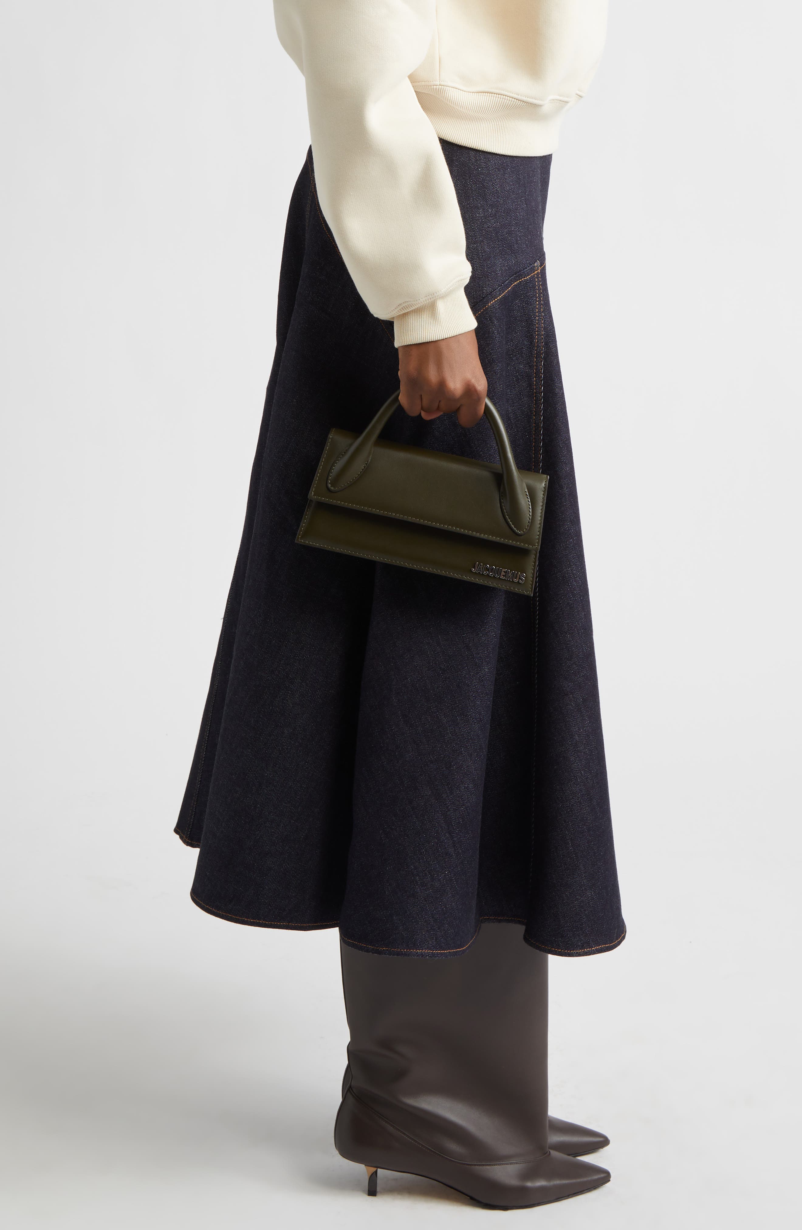 Jacquemus Le Chiquito Long Leather Top Handle Bag, Alternate, color, Dark Khaki 580